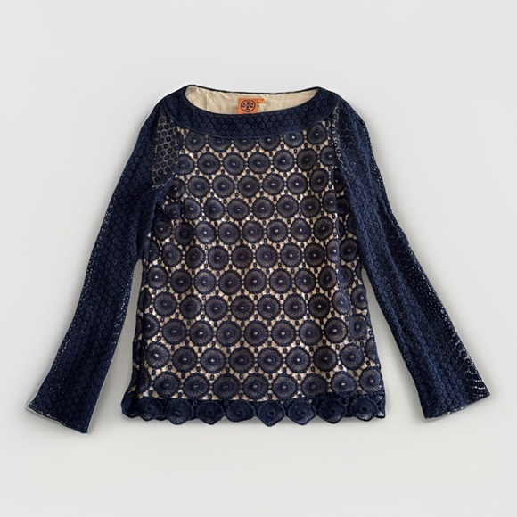 Tory Burch Women Navy Blue-Crochet Blouse Size 2-100% Silk & Cotton-Quiet Luxury - Picture 1 of 6